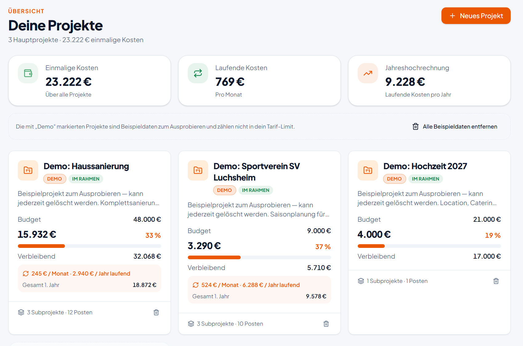 ProjektLuchs Dashboard mit Projektkarten, Budgetbalken und Kosten-Kennzahlen