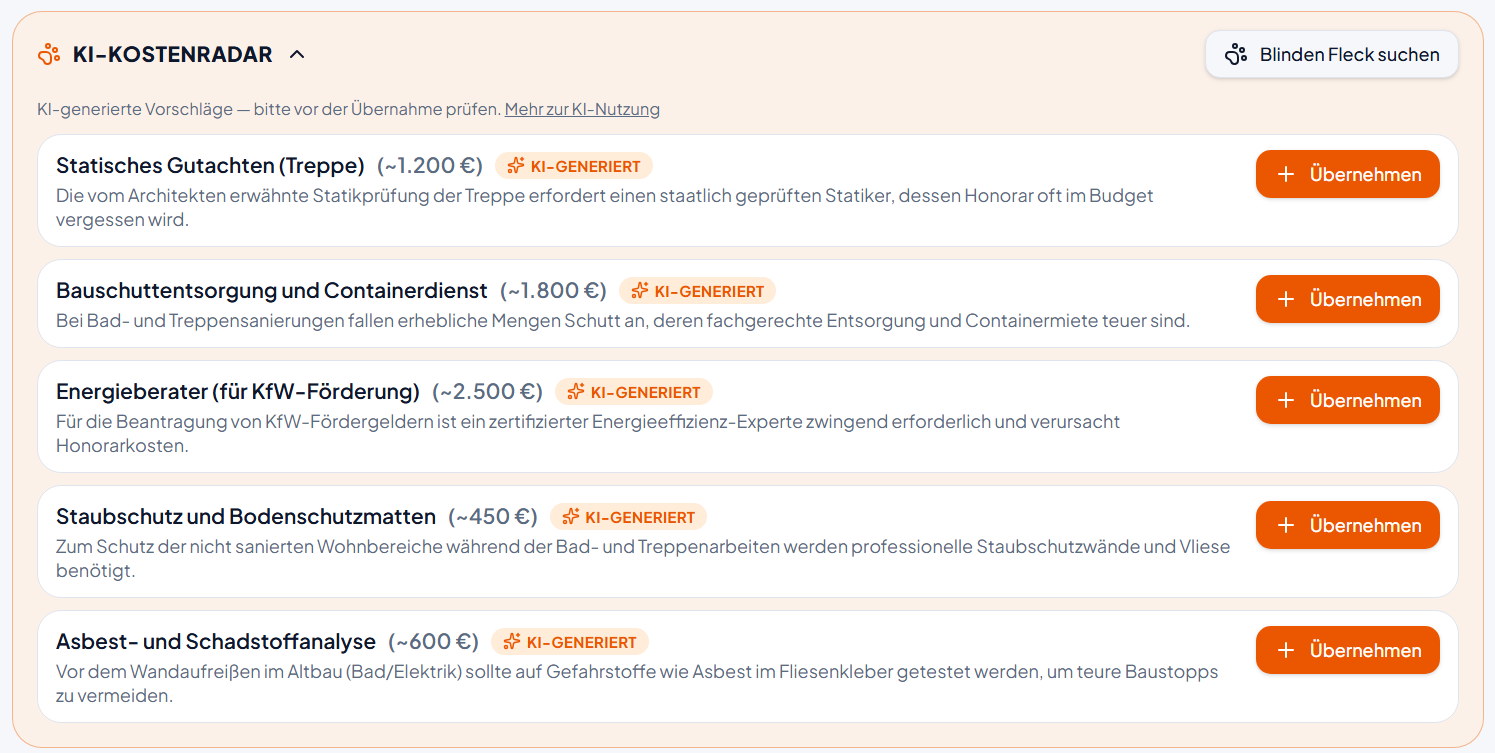 KI-Kostenradar mit Vorschlägen für fehlende Kostenpositionen