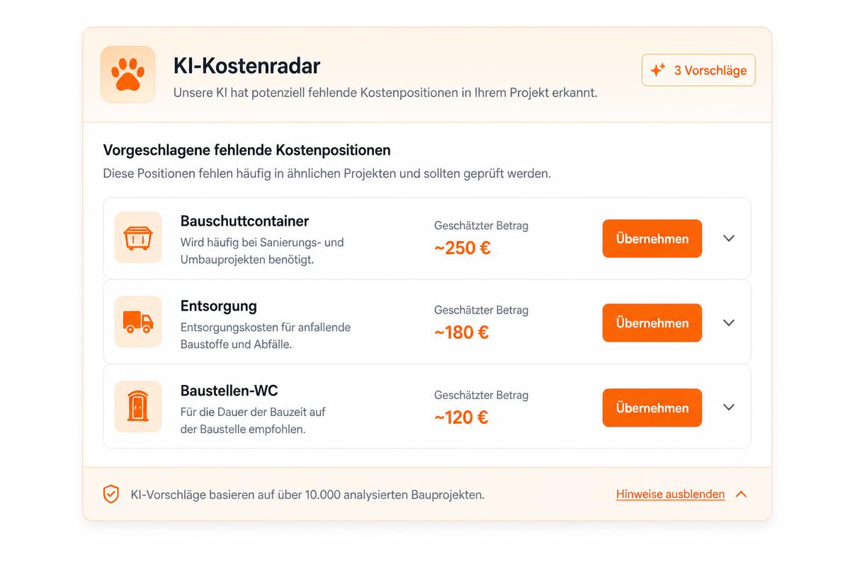 KI-Kostenradar mit Vorschlägen für fehlende Kostenpositionen