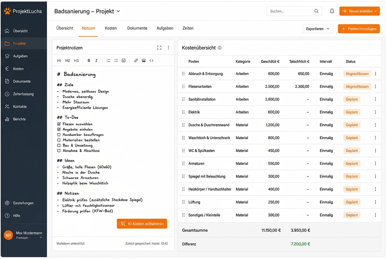 Projekt-Workspace mit Notizen-Editor und Budgettabelle der Badsanierung
